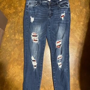 Kancan Skinny Fit Distressed Buffalo Plaid Patch Denim Jeans